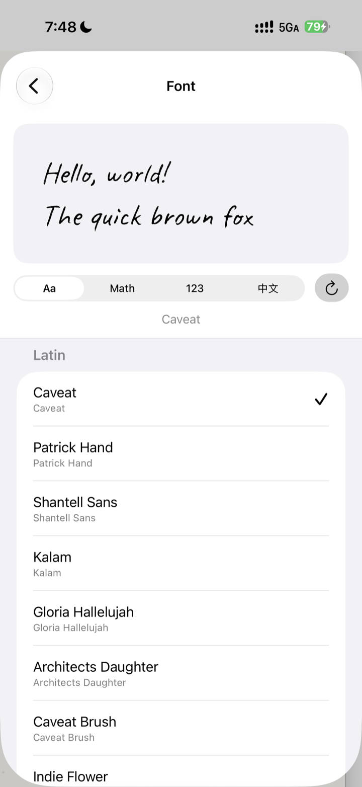 Notelix handwriting font picker with a live preview on iPhone